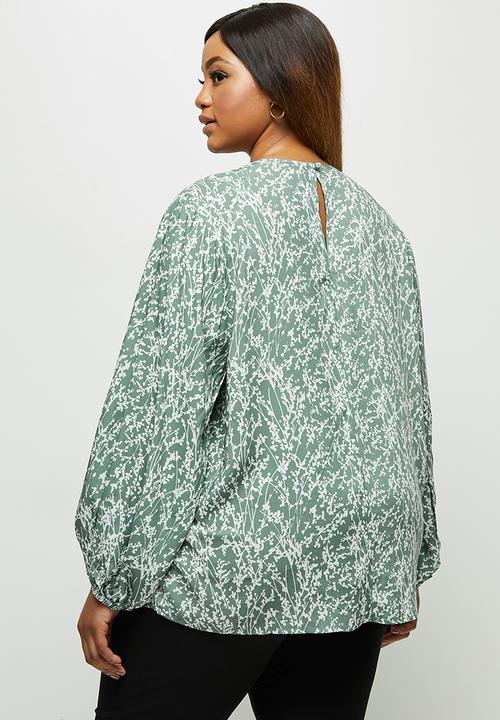 edit Plus - Bellow sleeve shell blouse - sage & white