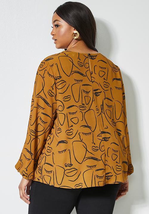 Superbalist - Blouson sleeve shell top - tobacco abstract