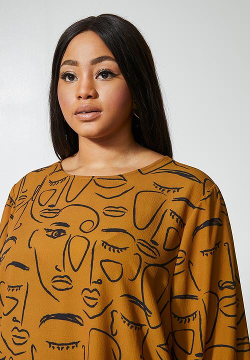 Superbalist - Blouson sleeve shell top - tobacco abstract