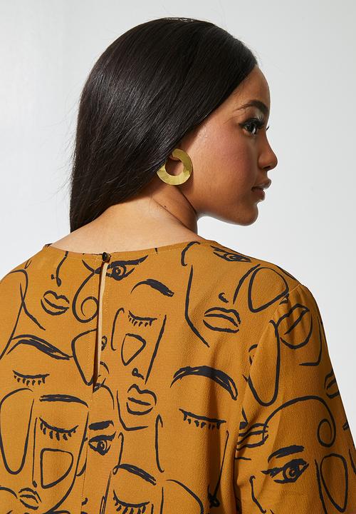 Superbalist - Blouson sleeve shell top - tobacco abstract