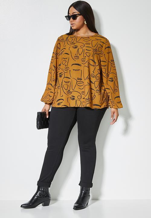 Superbalist - Blouson sleeve shell top - tobacco abstract