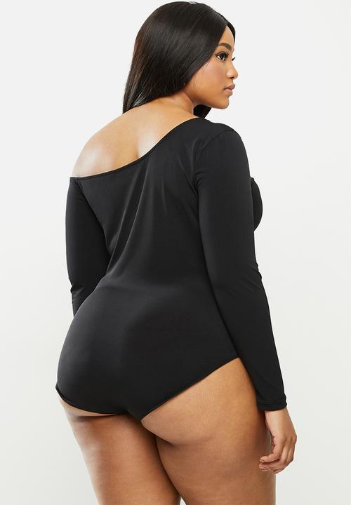 MILLA - Asymmetric one shoulder long sleeve bodysuit - black