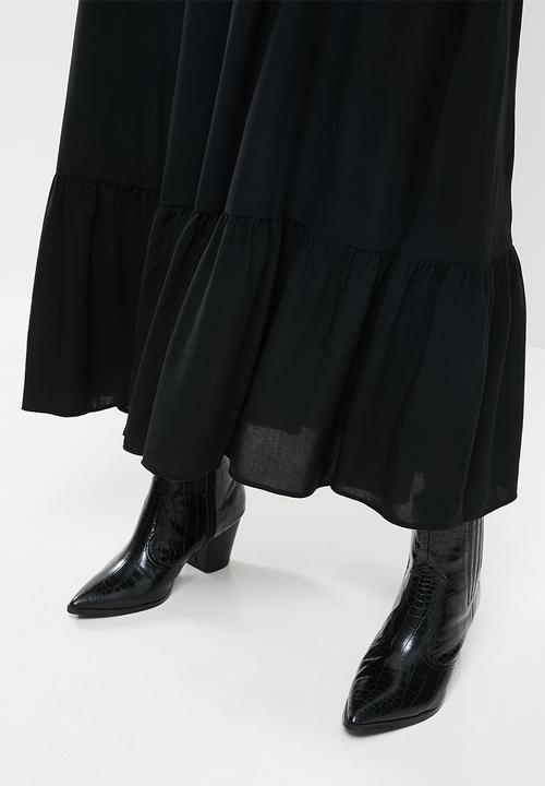 VELVET - Rayon  boho tiered maxi dress - black