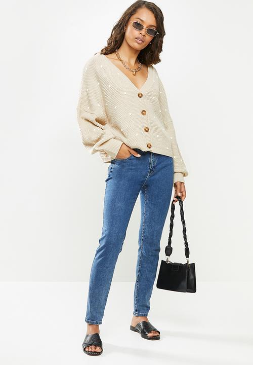 Missguided - Petite polka dot balloon sleeve cardigan - stone