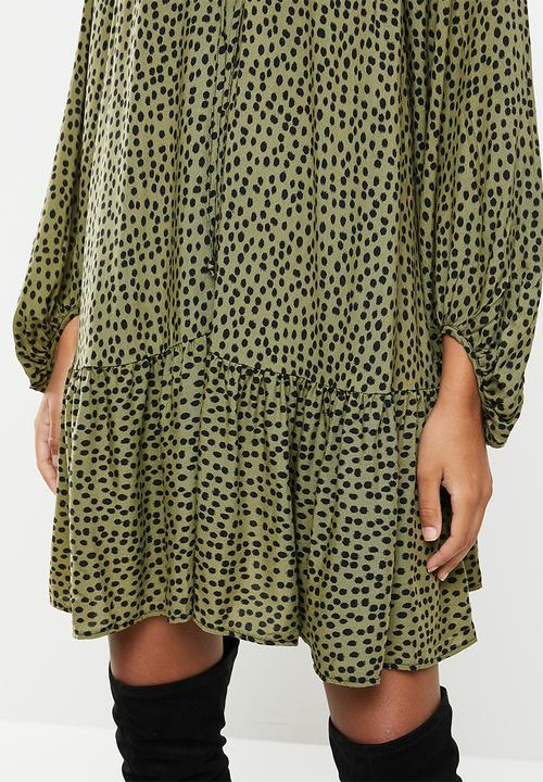 VELVET - Polkadot trapeze dropwaist tiered mini dress - olive & black