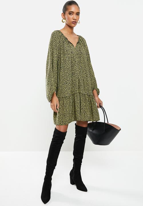 VELVET - Polkadot trapeze dropwaist tiered mini dress - olive & black