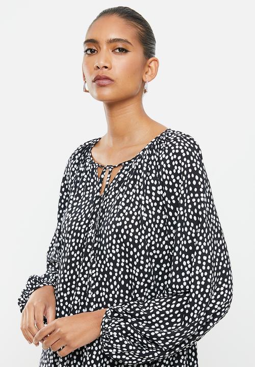 VELVET - Polkadot trapeze dropwaist tiered mini dress - black & white 
