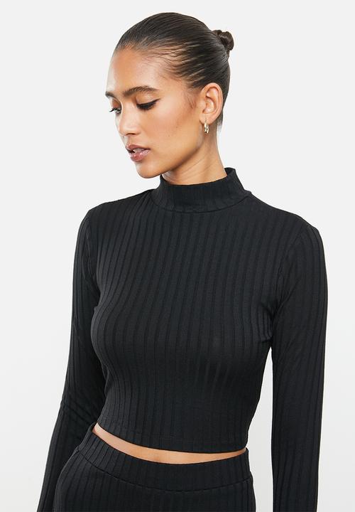 VELVET - Slinky rib knit crop top with cut out - black