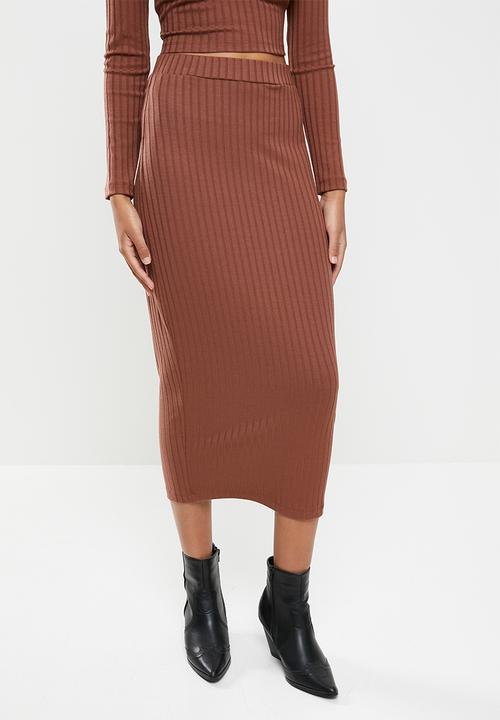 VELVET - Slinky rib knit pencil skirt - brown