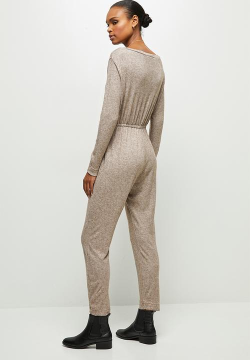 edit - Wide neck cut & sew jumpsuit - natural