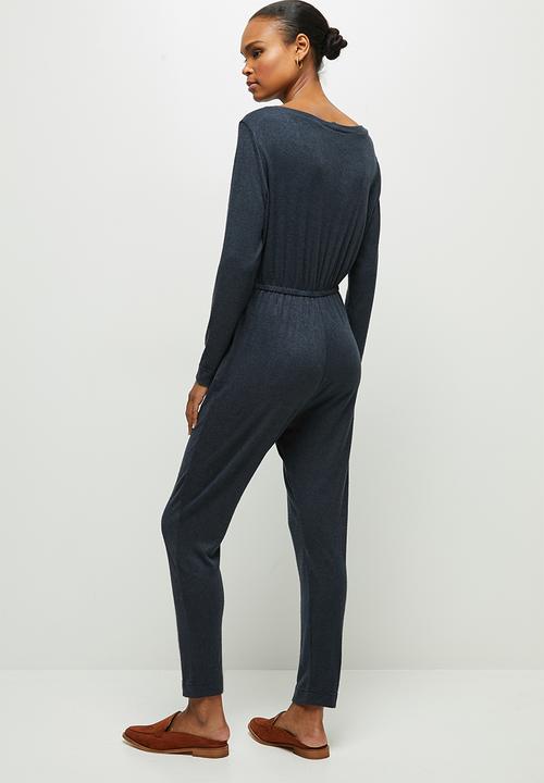 edit - Wide neck cut & sew jumpsuit - navy 