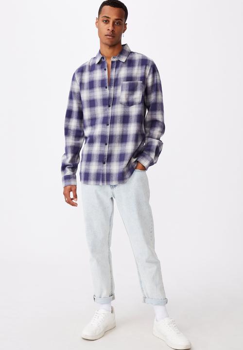 Cotton On - Washed long sleeve check shirt - blue & white