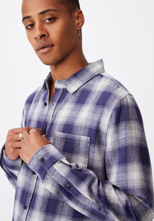 Cotton On - Washed long sleeve check shirt - blue & white