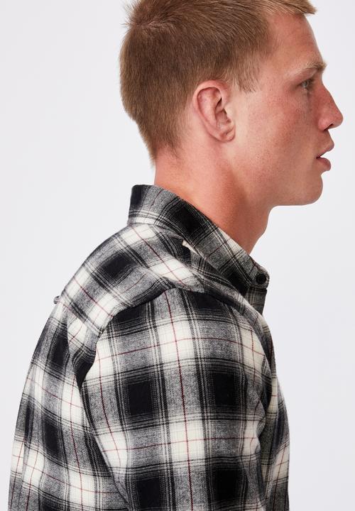 Cotton On - Washed long sleeve check shirt - black & white