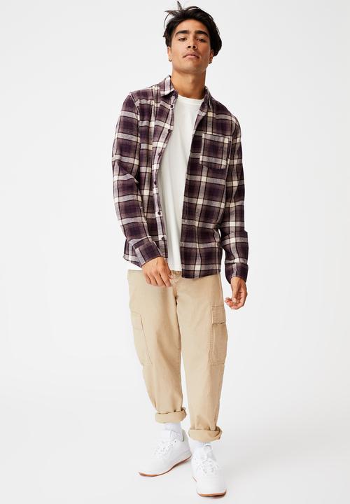 Cotton On - Washed long sleeve check shirt - burgundy & white