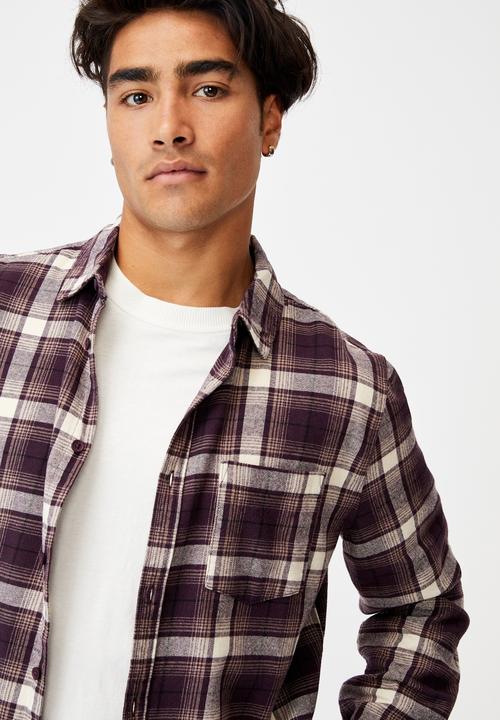 Cotton On - Washed long sleeve check shirt - burgundy & white