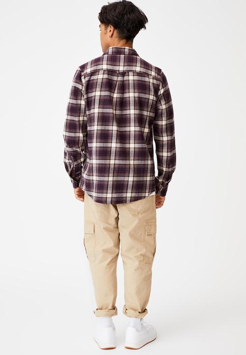 Cotton On - Washed long sleeve check shirt - burgundy & white