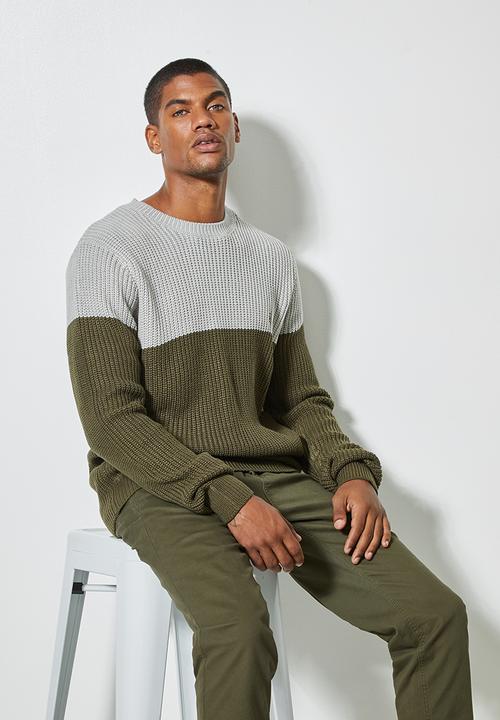 Superbalist - Block chunky crew knit - khaki & grey