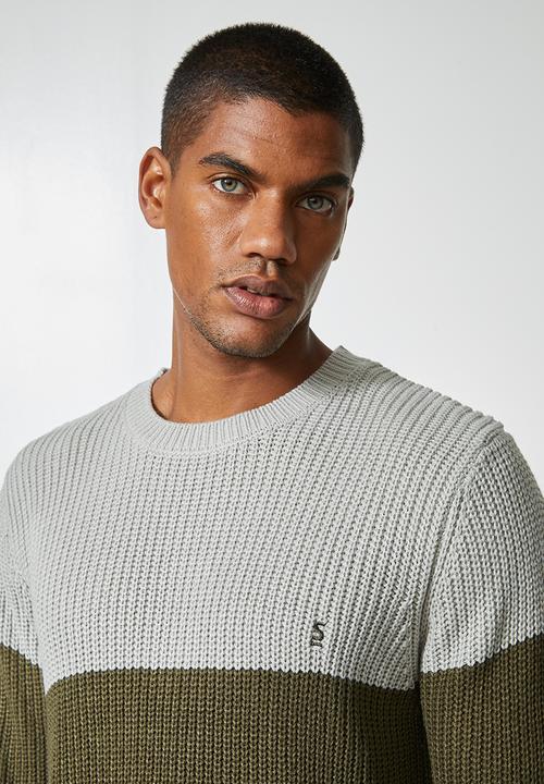 Superbalist - Block chunky crew knit - khaki & grey
