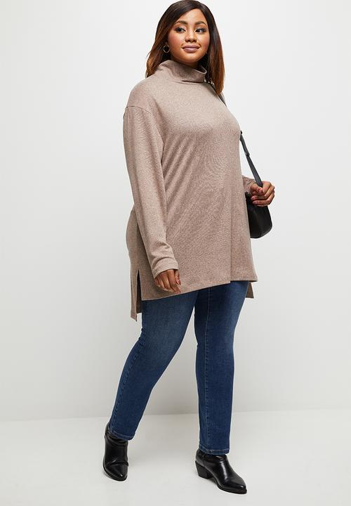 edit Plus - Ll drop shoulder roll neck tee - taupe melange