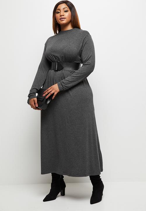 edit Plus - Long sleeve funnel neck trapeze dress - charcoal melange