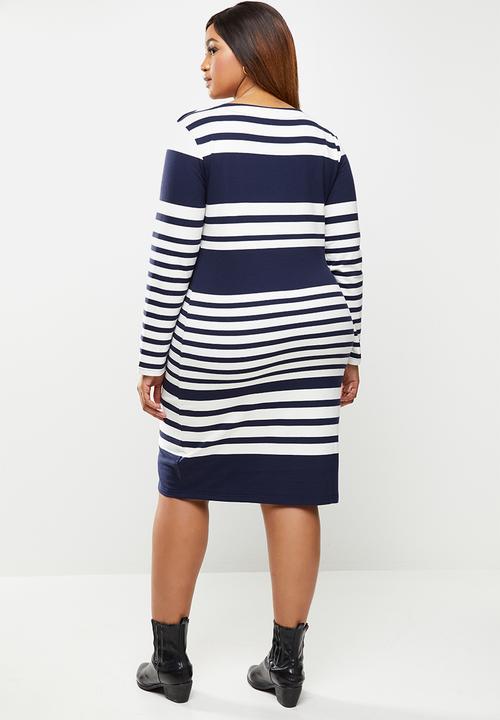 POLO - Plus marie long sleeve engineered stripe dress - navy & white