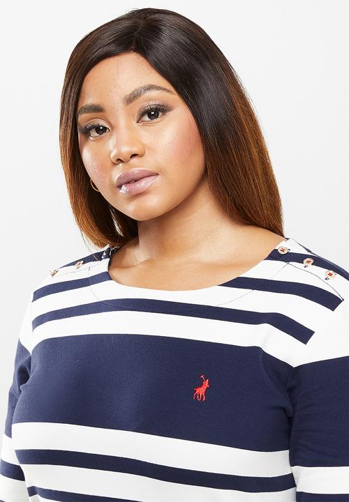 POLO - Plus marie long sleeve engineered stripe dress - navy & white
