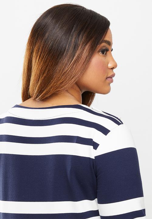 POLO - Plus marie long sleeve engineered stripe dress - navy & white
