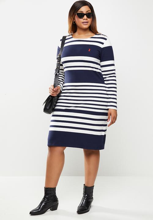POLO - Plus marie long sleeve engineered stripe dress - navy & white