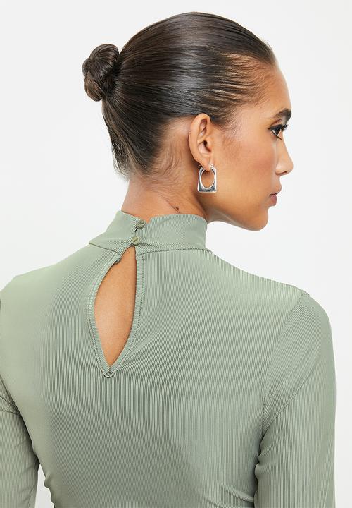 VELVET - Rib ruched turtle neck mini bodycon dress - green 