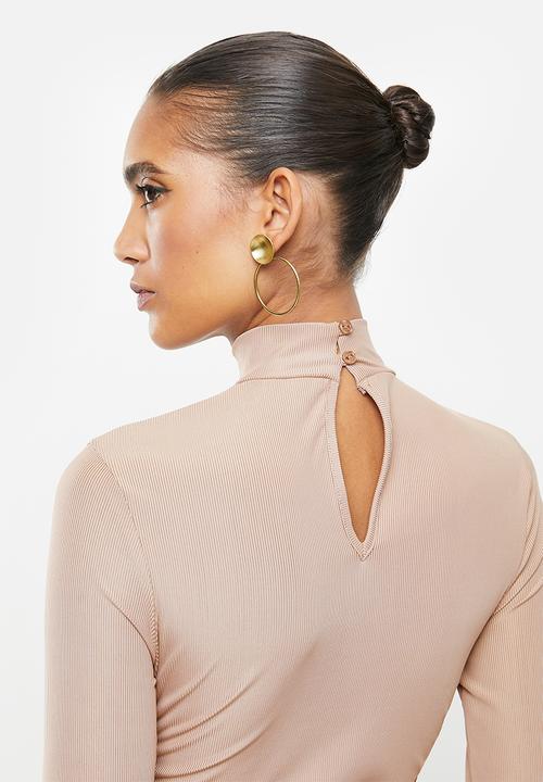 VELVET - Rib ruched turtle neck mini bodycon dress - pink