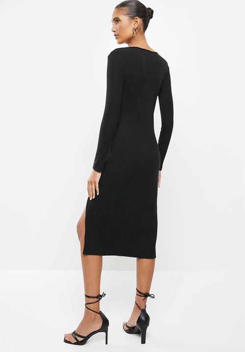 VELVET - Ribbed midi bodycon dress with thigh-high slit - black