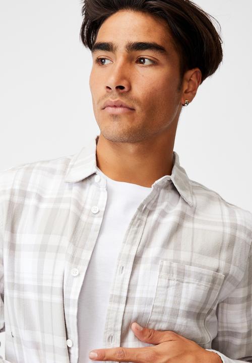 Cotton On - Washed long sleeve check shirt - white grey check