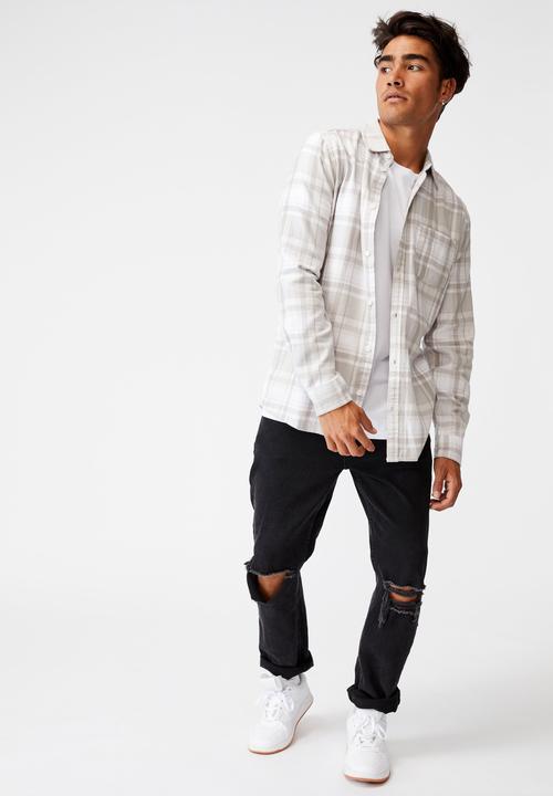 Cotton On - Washed long sleeve check shirt - white grey check