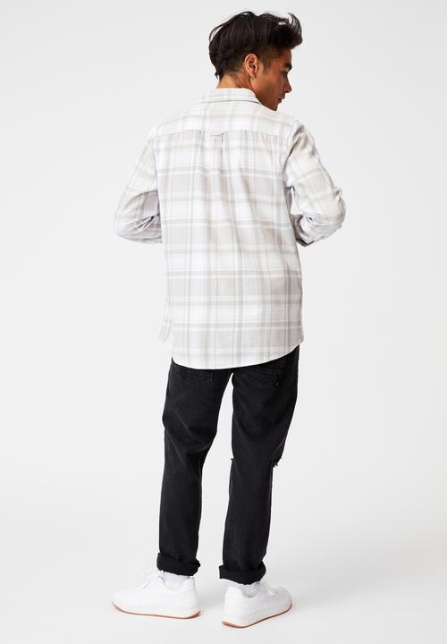 Cotton On - Washed long sleeve check shirt - white grey check