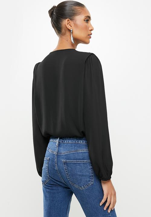 VELVET - Wrap front tunic shoulder knit bodysuit - black