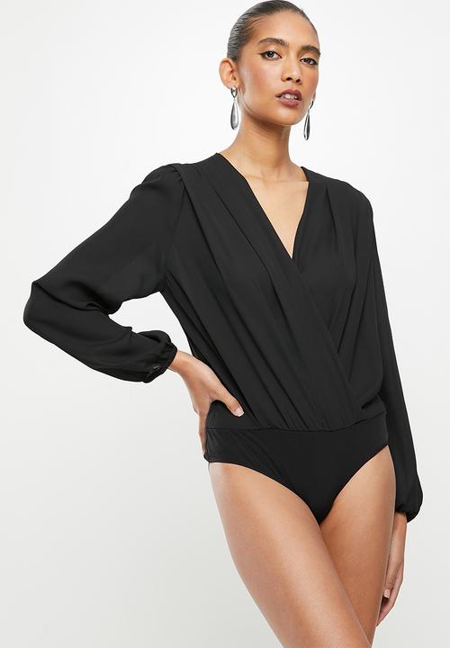 VELVET - Wrap front tunic shoulder knit bodysuit - black