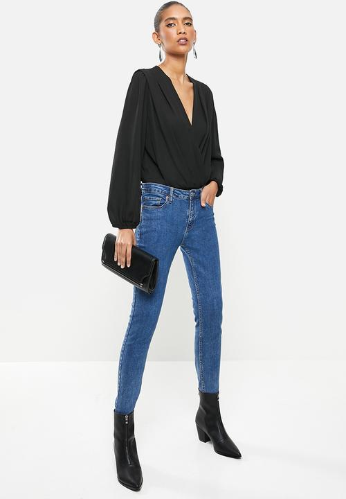 VELVET - Wrap front tunic shoulder knit bodysuit - black