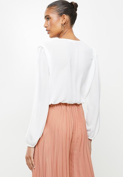 VELVET - Wrap front tunic shoulder knit bodysuit - white