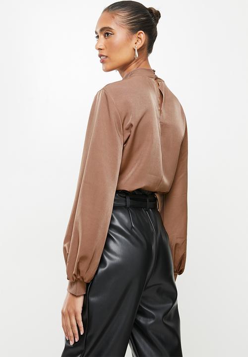 VELVET - Rib turtle neck combo blouse - brown 