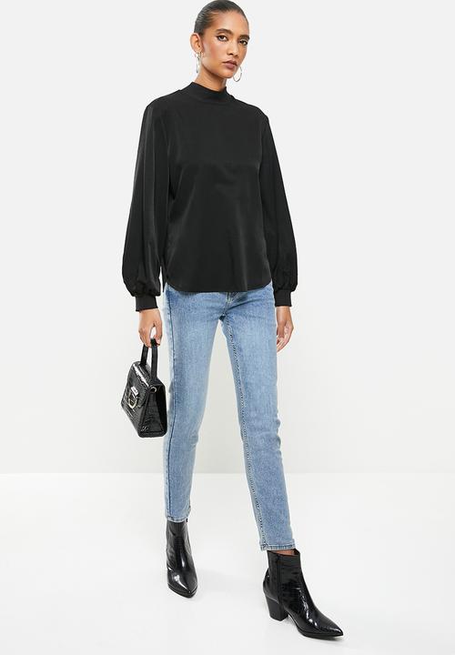 VELVET - Rib turtle neck combo blouse - black