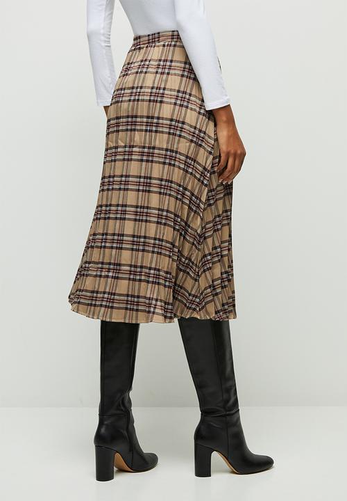 edit - Pleated check midi skirt - stone & burgundy 
