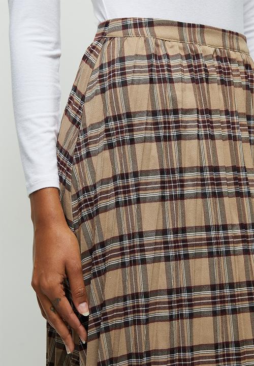 edit - Pleated check midi skirt - stone & burgundy 