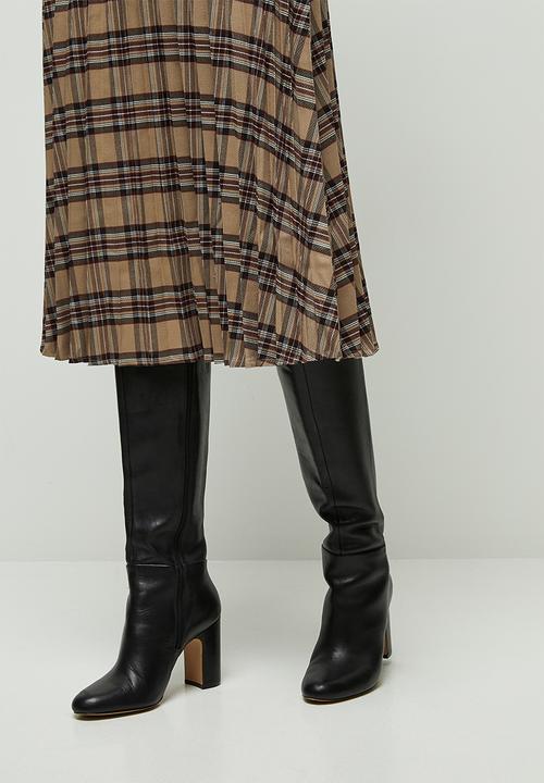 edit - Pleated check midi skirt - stone & burgundy 