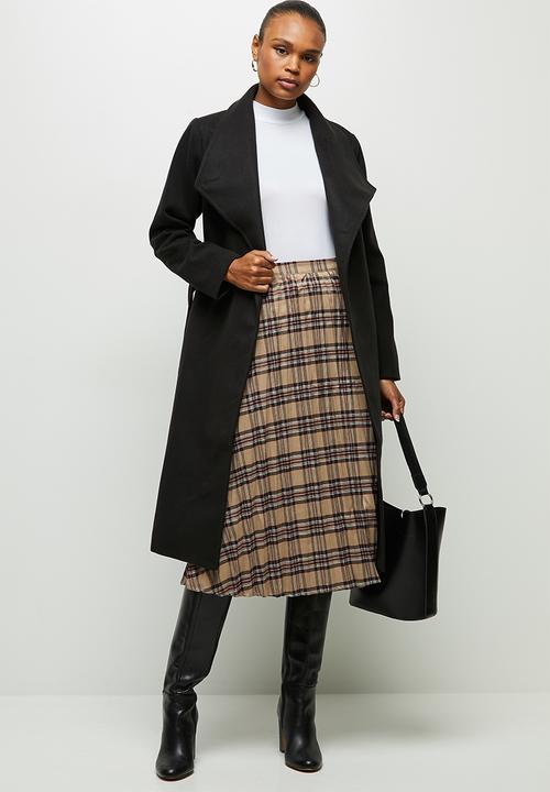 edit - Pleated check midi skirt - stone & burgundy 