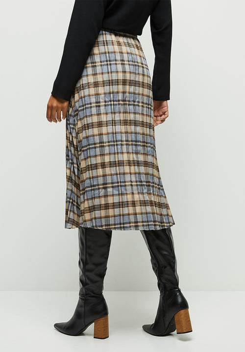 edit - Pleated check midi skirt - blue & beige 