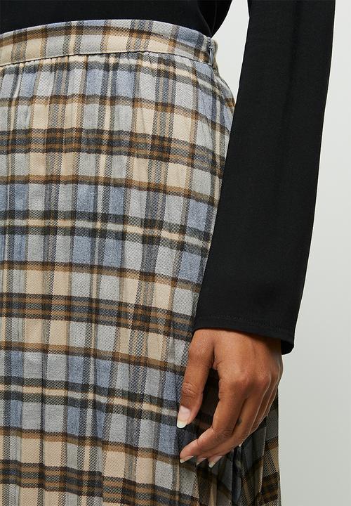edit - Pleated check midi skirt - blue & beige 