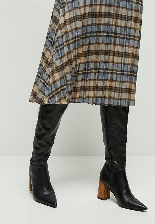 edit - Pleated check midi skirt - blue & beige 