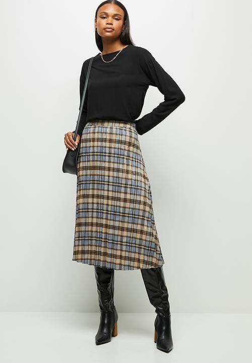 edit - Pleated check midi skirt - blue & beige 