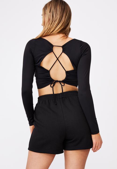 Factorie - Long sleeve open back ruched top - black